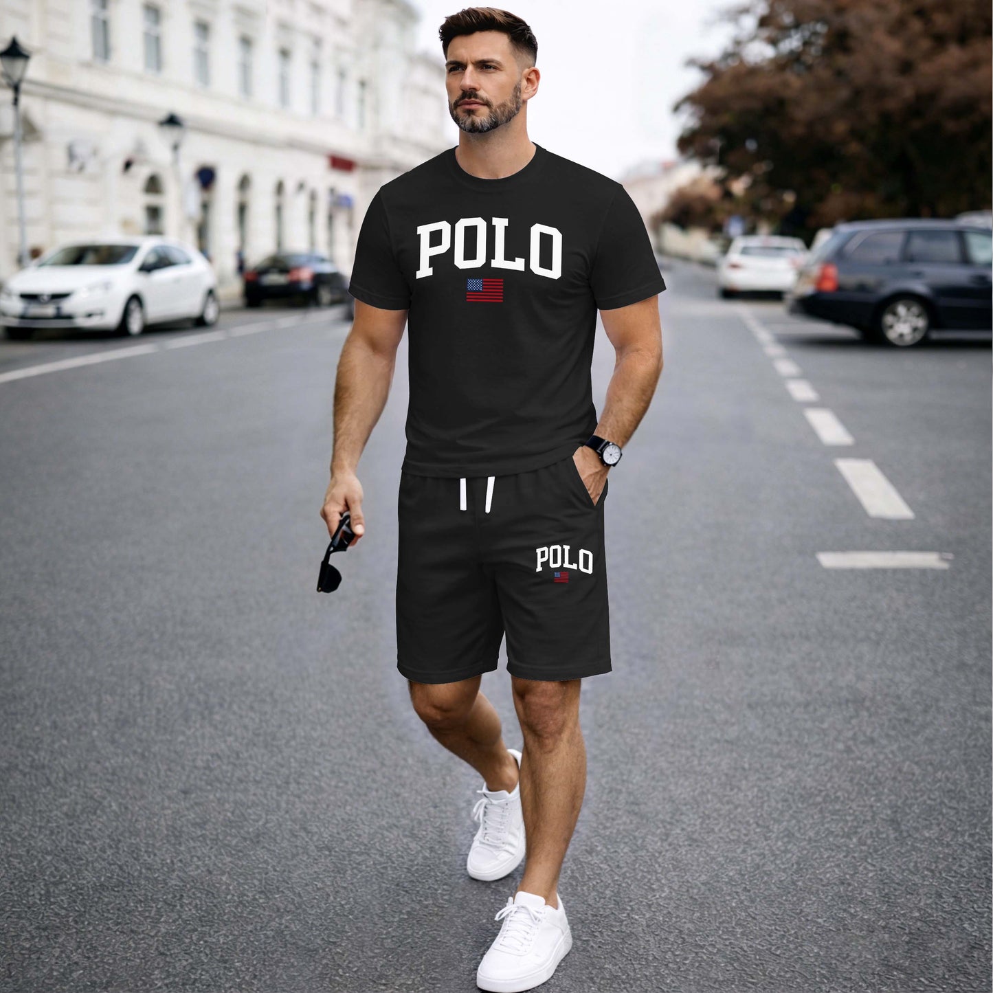 Men’s Summer 2 Piece Set, Flag Usa Letter Print Short Sleeve T Shirt and Drawstring Shorts Matching Outfit, Lightweight Breathable Casual Set for Travel, Streetwear, Beach, Vacation, and Daily Wear