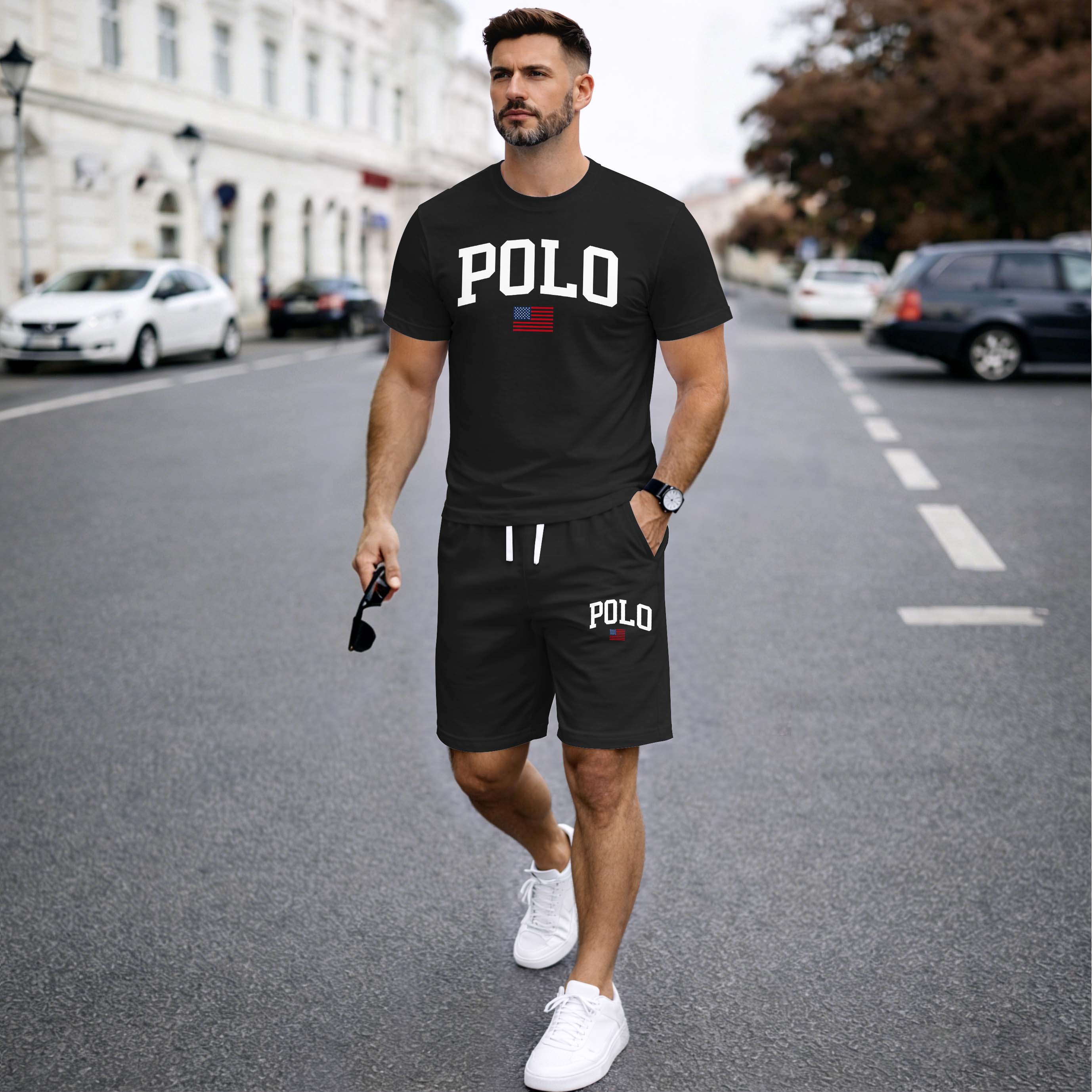 Men’s Summer 2 Piece Set, Flag Usa Letter Print Short Sleeve T Shirt and Drawstring Shorts Matching Outfit, Lightweight Breathable Casual Set for Travel, Streetwear, Beach, Vacation, and Daily Wear