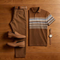 Men's Casual Dark Brown Stripes Printed Polo Shirt And Pants Two-Piece Set
