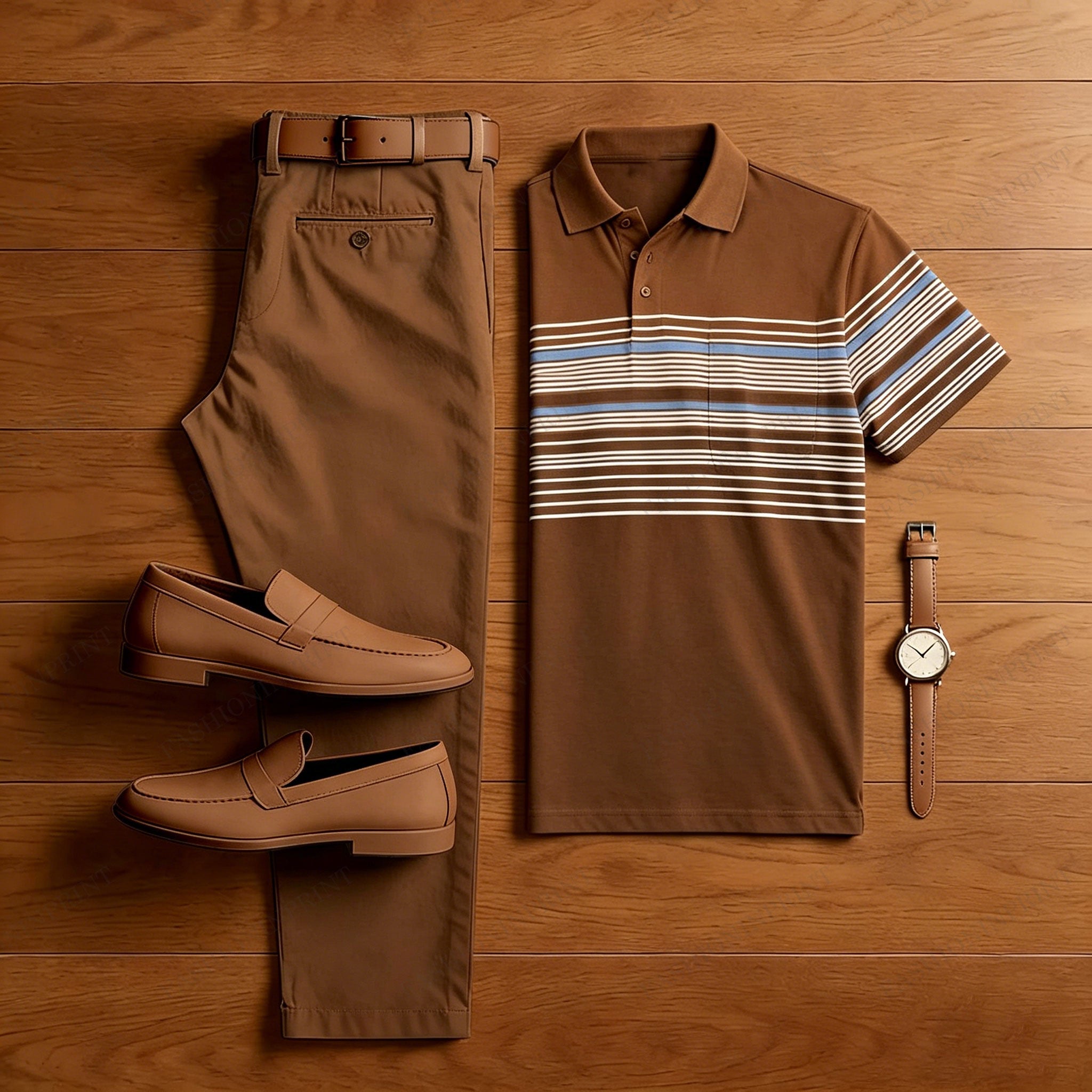 Men's Casual Dark Brown Stripes Printed Polo Shirt And Pants Two-Piece Set