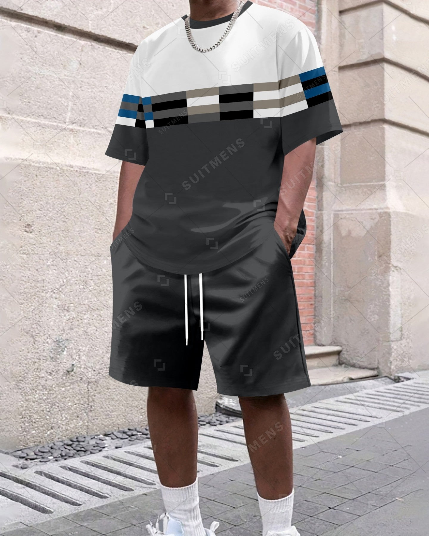 Men's Summer Colorblock Printed Round Neck Set 419