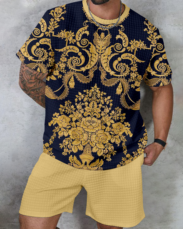 Men's textured waffle texture printed shorts Set 002