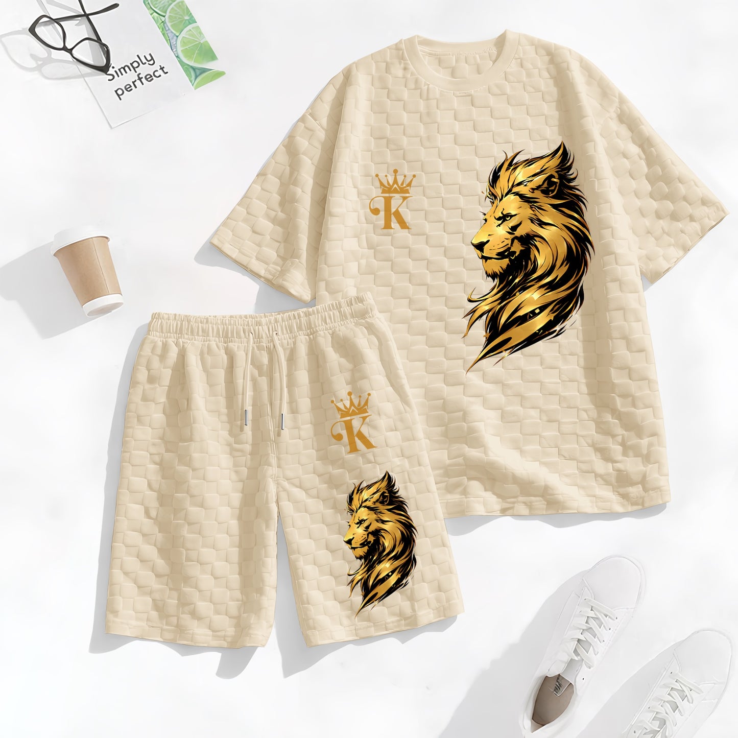 Men's KING Print Spring And Summer Drawstring Shorts Set, A Casual Summer Outfit, Including A Short-Sleeved Shirt And Shorts, Suitable For Everyday Wear And Sports Activities.