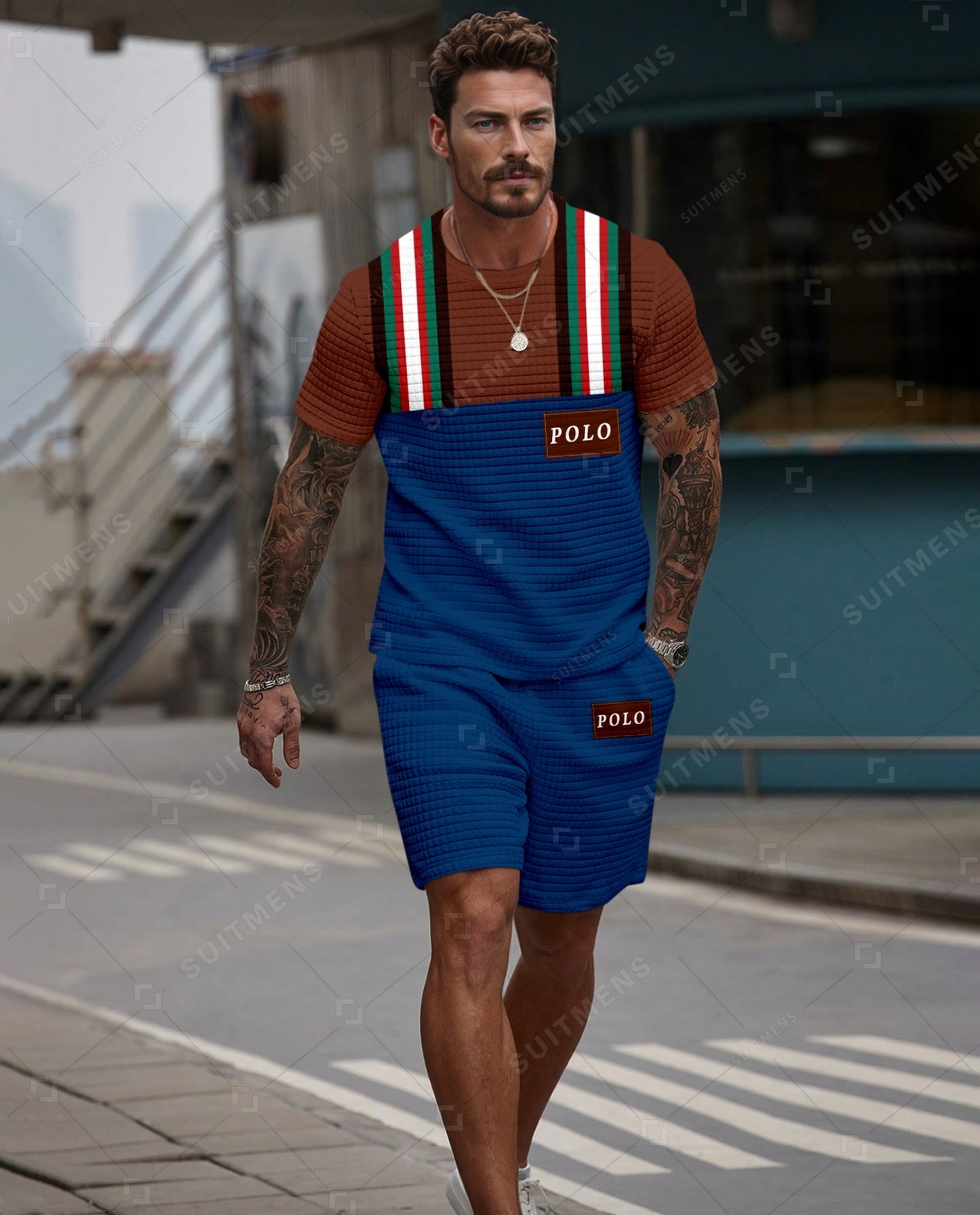 Men's Casual Waffle Textured Summer Round Neck Short Sleeve Shorts Set 0016