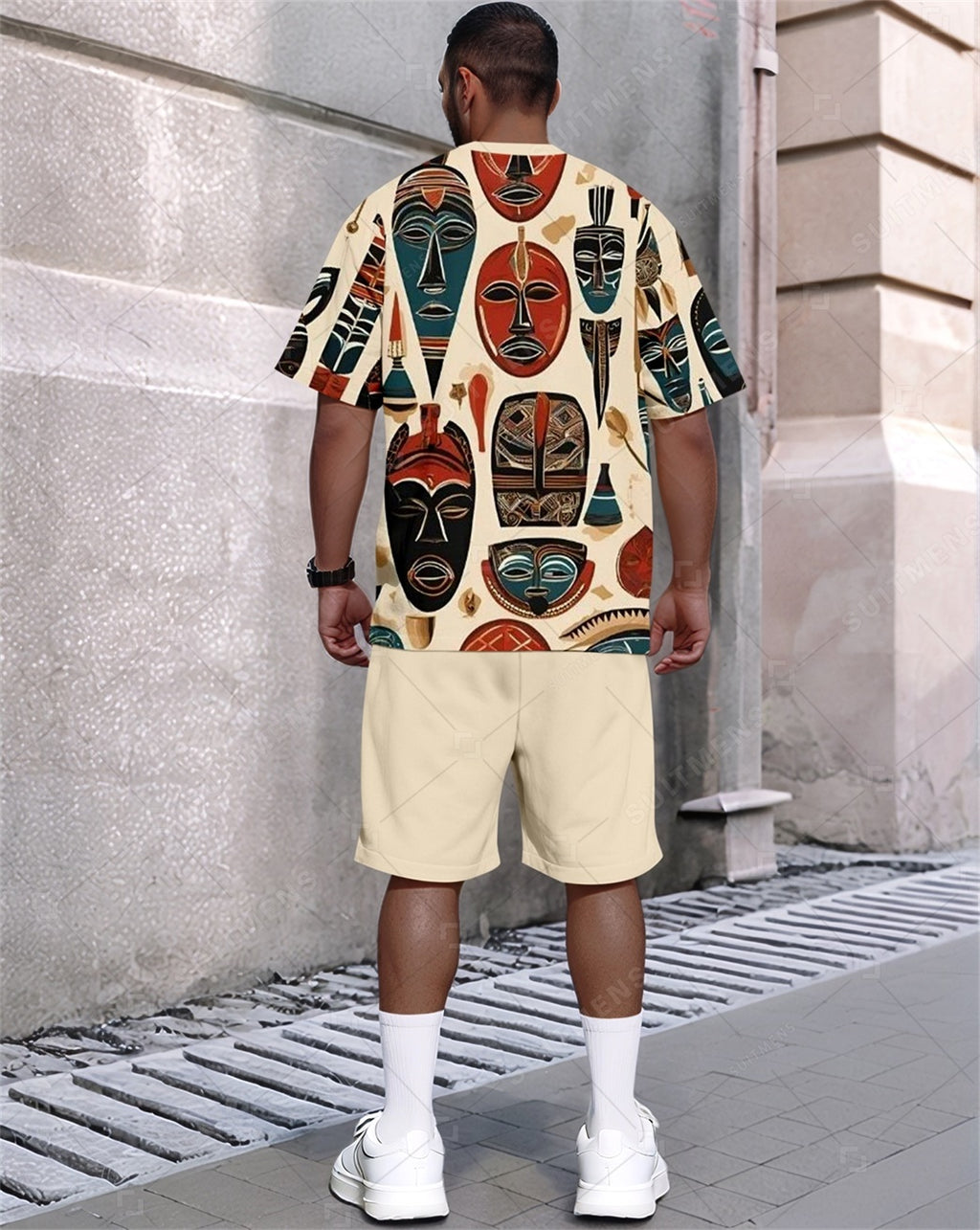 Men's Summer Retro Printed Round Neck Set 814