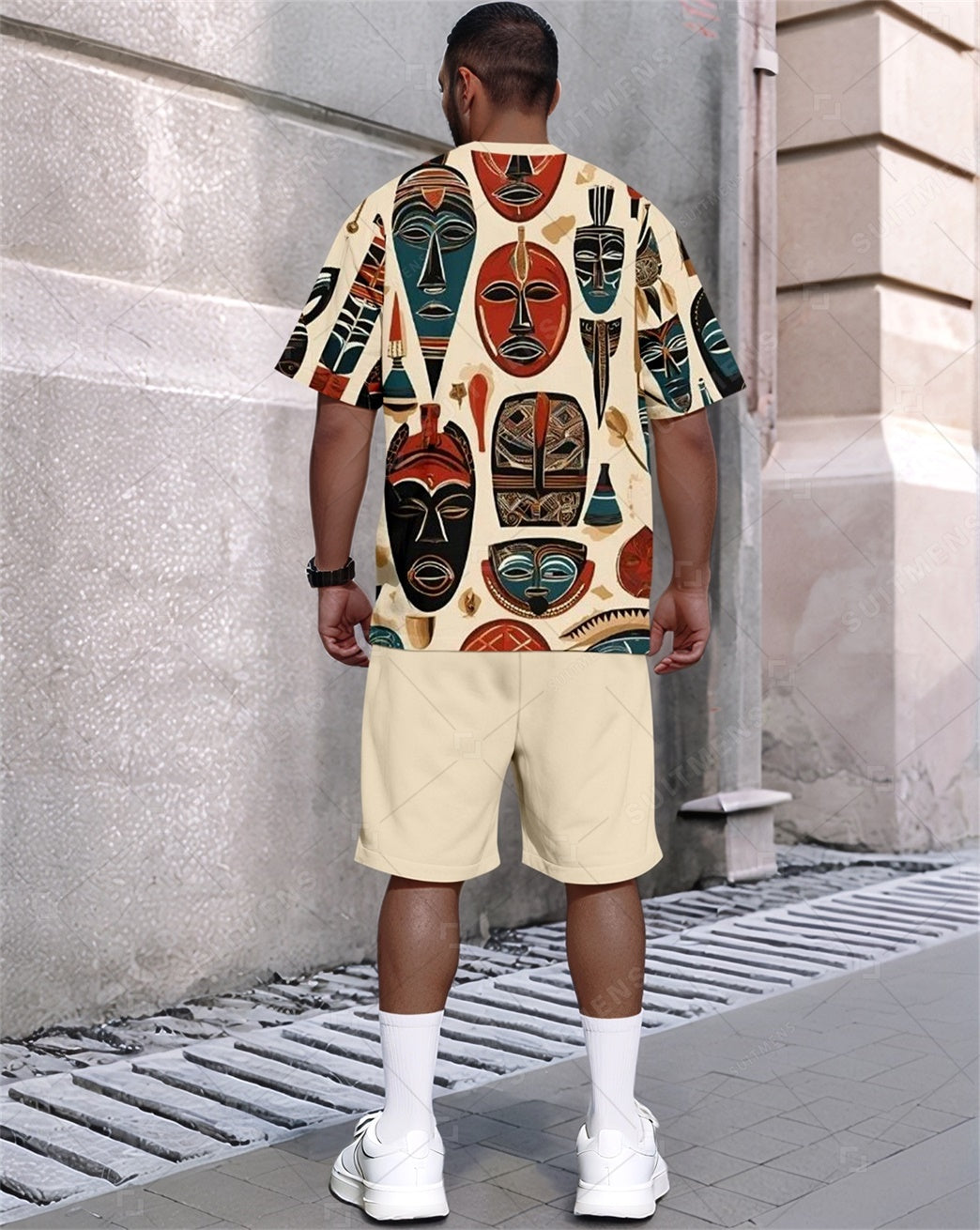 Men's Summer Retro Printed Round Neck Set 814