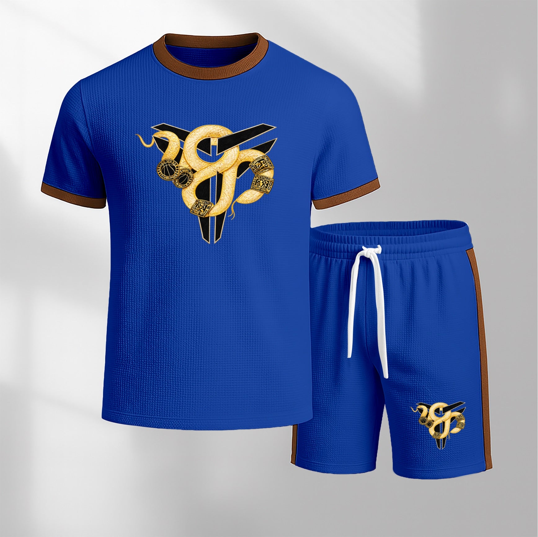 Men's Patterned Short-Sleeved T-Shirt And Drawstring Shorts Set, Men's Clothing, Casual Sports Short-Sleeved Top And Shorts, Men's Summer Everyday Wear, Indoor And Outdoor Sportswear, Sports Set.