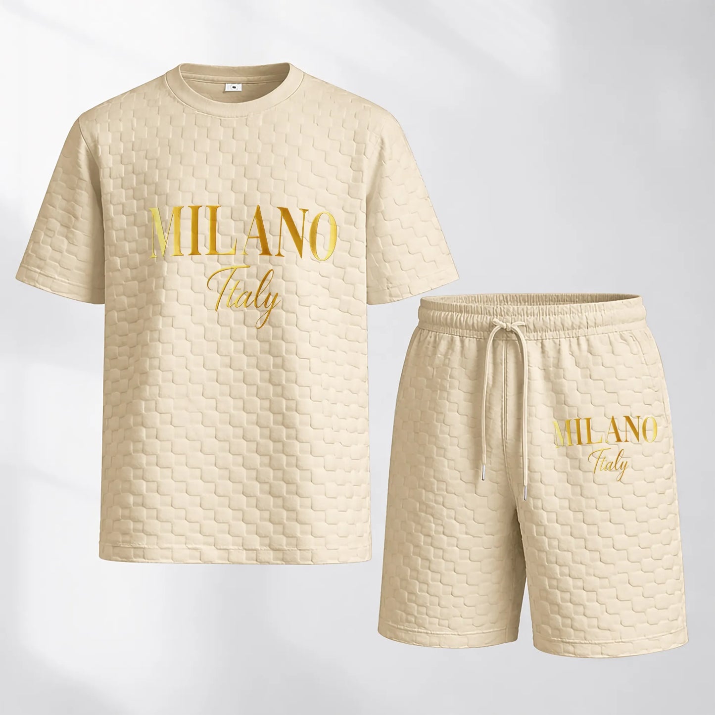 Men's Spring and Summer 'MILANO Italy' Letter Print Checkered Fabric Drawstring Shorts Set, Casual Summer Outfit with Short-Sleeved Shirt and Shorts, Ideal for Everyday Wear and Sports Activities