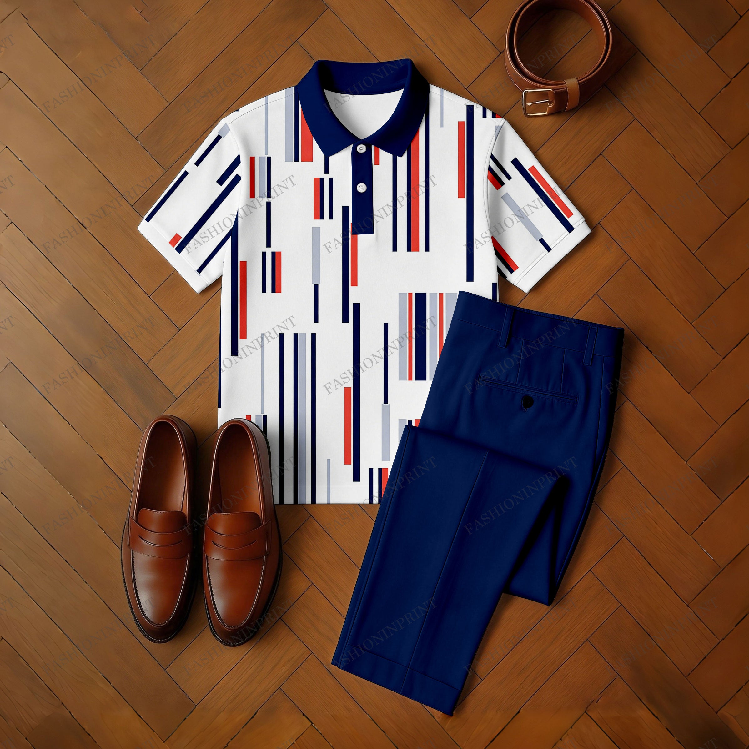 Men's Casual Royal Blue & White Color Matching Striped Printed Short Sleeved Polo Shirt & Trousers Two-Piece Set