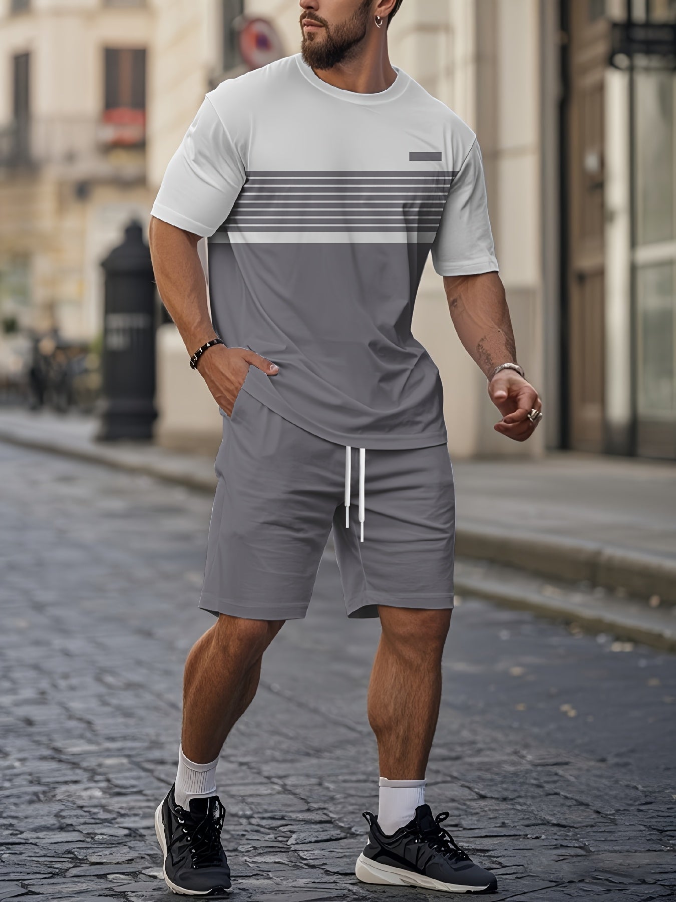 Men's Summer Retro Printed Round Neck Set 923