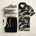 Men's Casual Black & Yellow Color Matching Ethnic Style Printed Short Sleeved Polo Shirt & Trousers Two-Piece Set