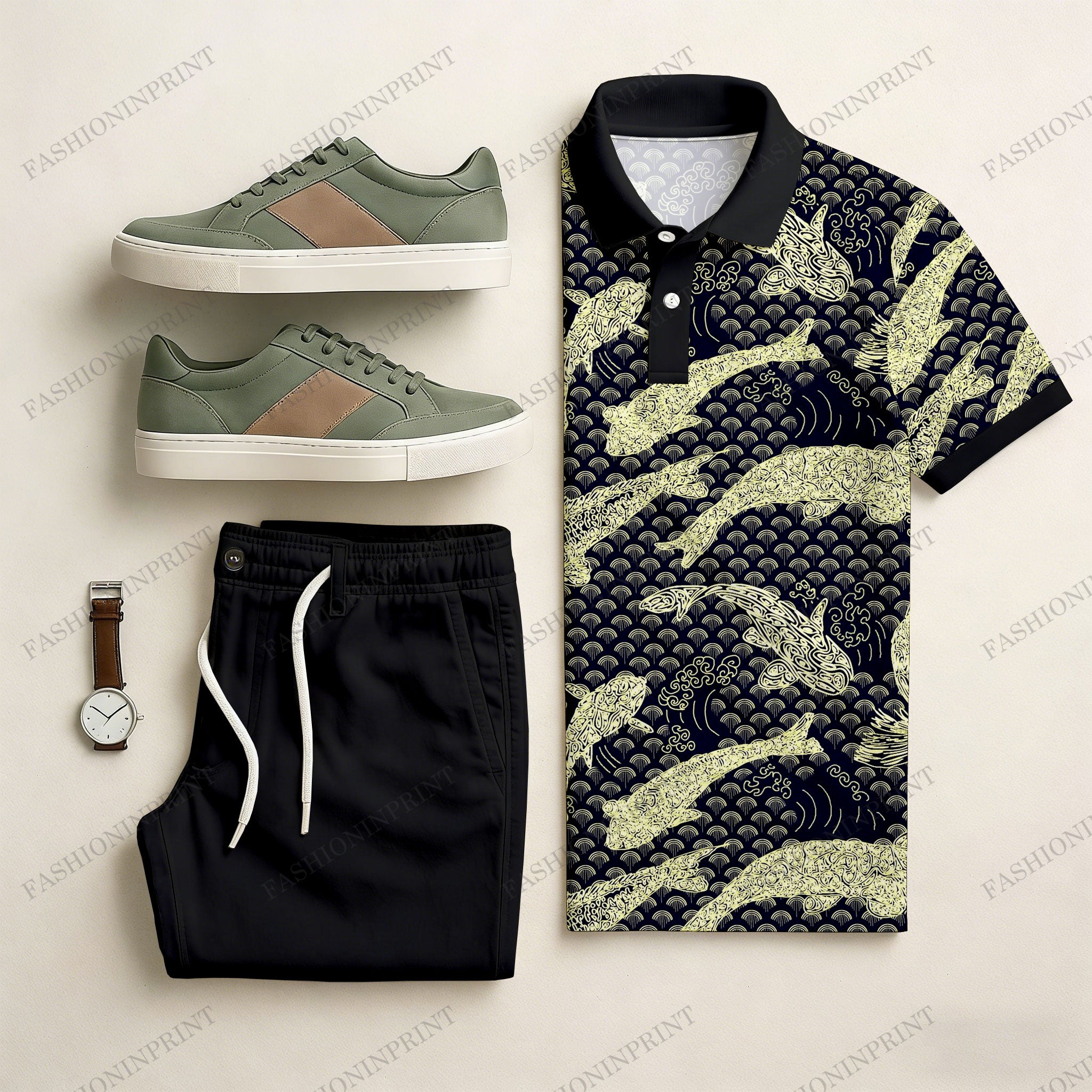 Men's Casual Black & Yellow Color Matching Ethnic Style Printed Short Sleeved Polo Shirt & Trousers Two-Piece Set