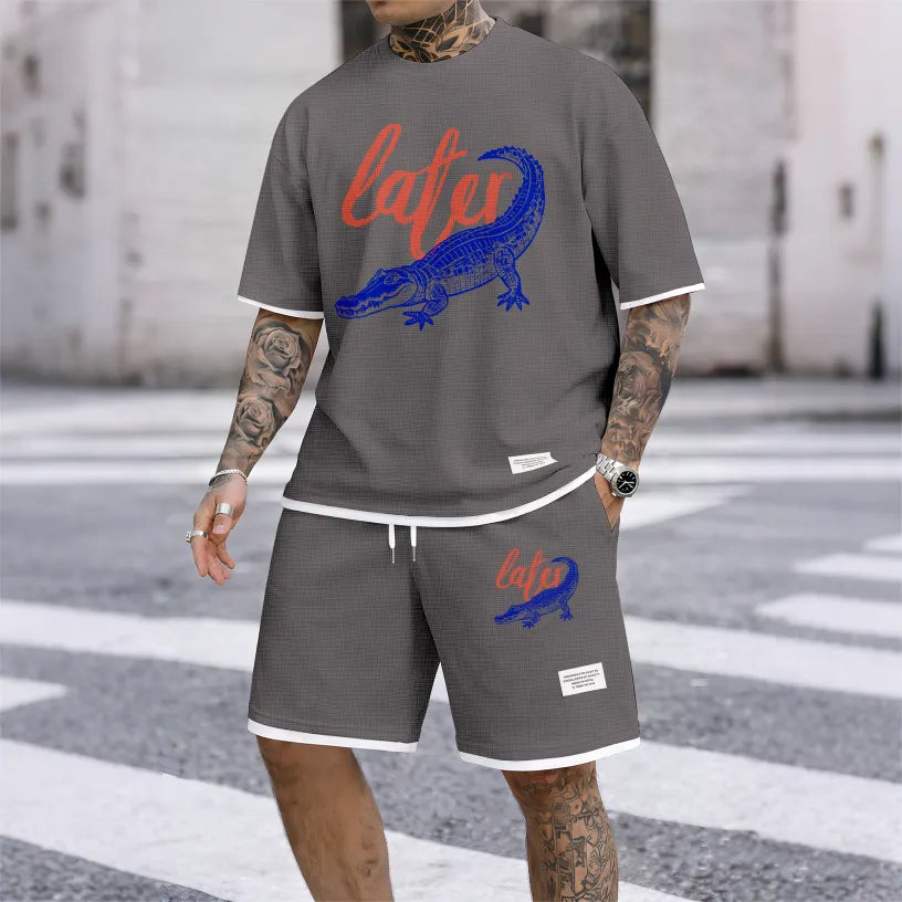 Men's Casual Style Crocodile Print Waffle Fabric Short-Sleeved Shirt And Shorts Set