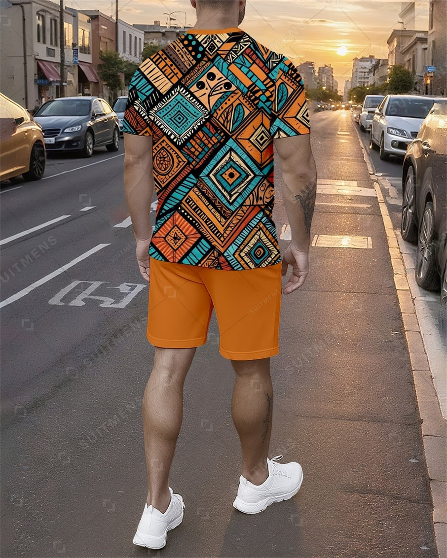 Men's Summer Colorblock Printed Round Neck Set 800