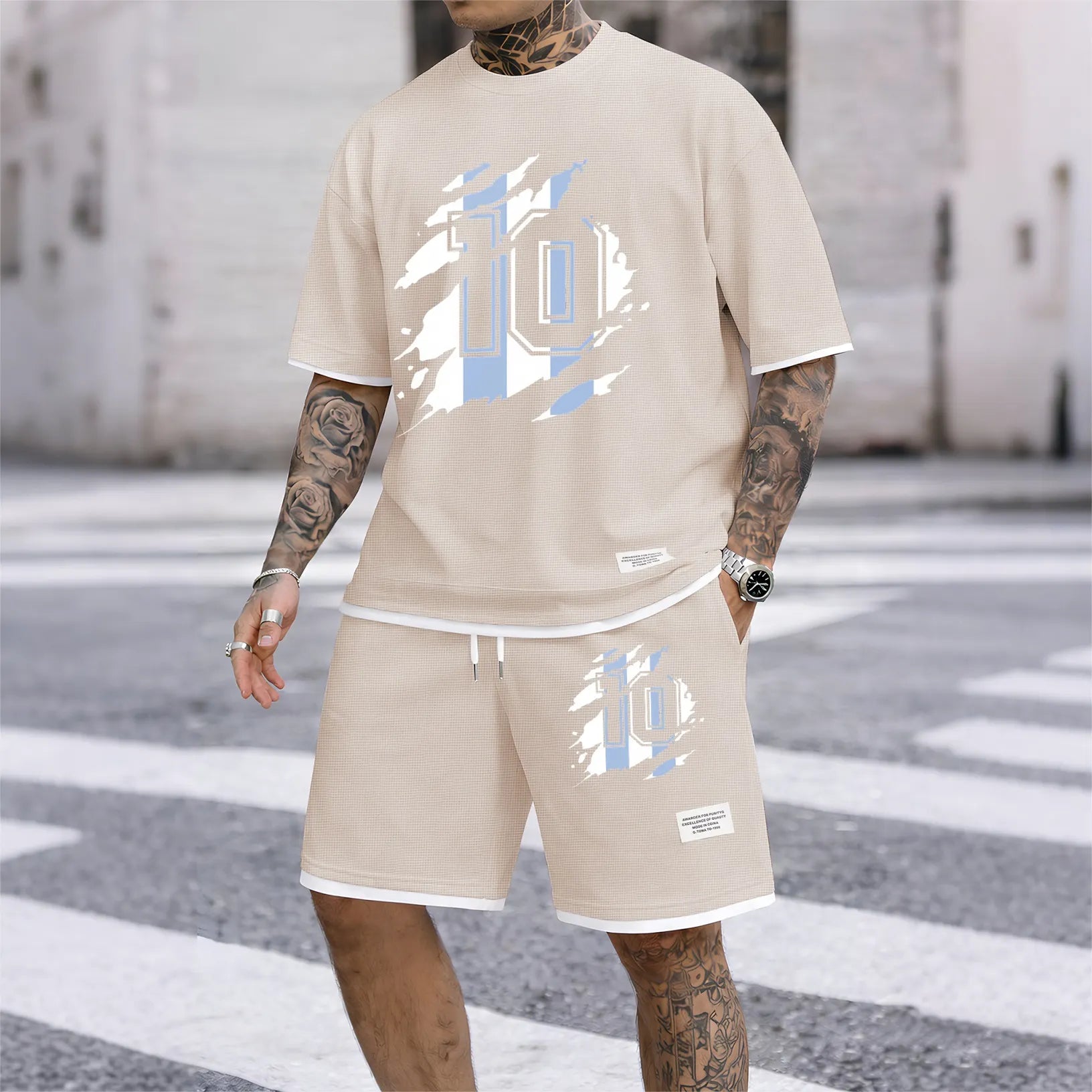Men's classic number 10 printed drawstring shorts set, suitable for spring and summer wear. This casual summer set includes a short-sleeved shirt and shorts, perfect for everyday wear and sports.