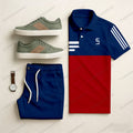 Men's Casual Royal Blue & Red Color Matching Striped Printed Short Sleeved Polo Shirt & Trousers Two-Piece Set