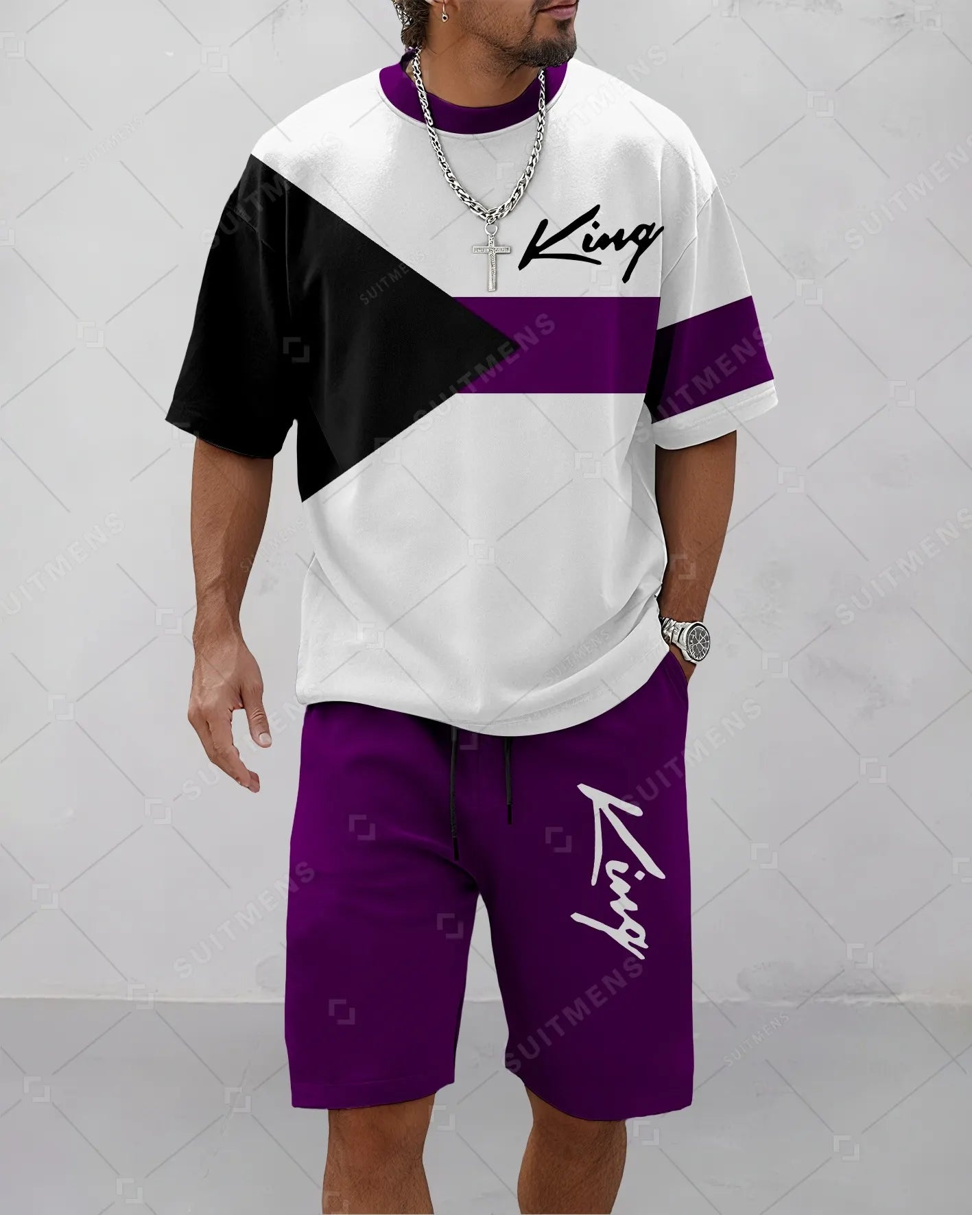 Men's Summer Colorblock Printed Round Neck Suit 062