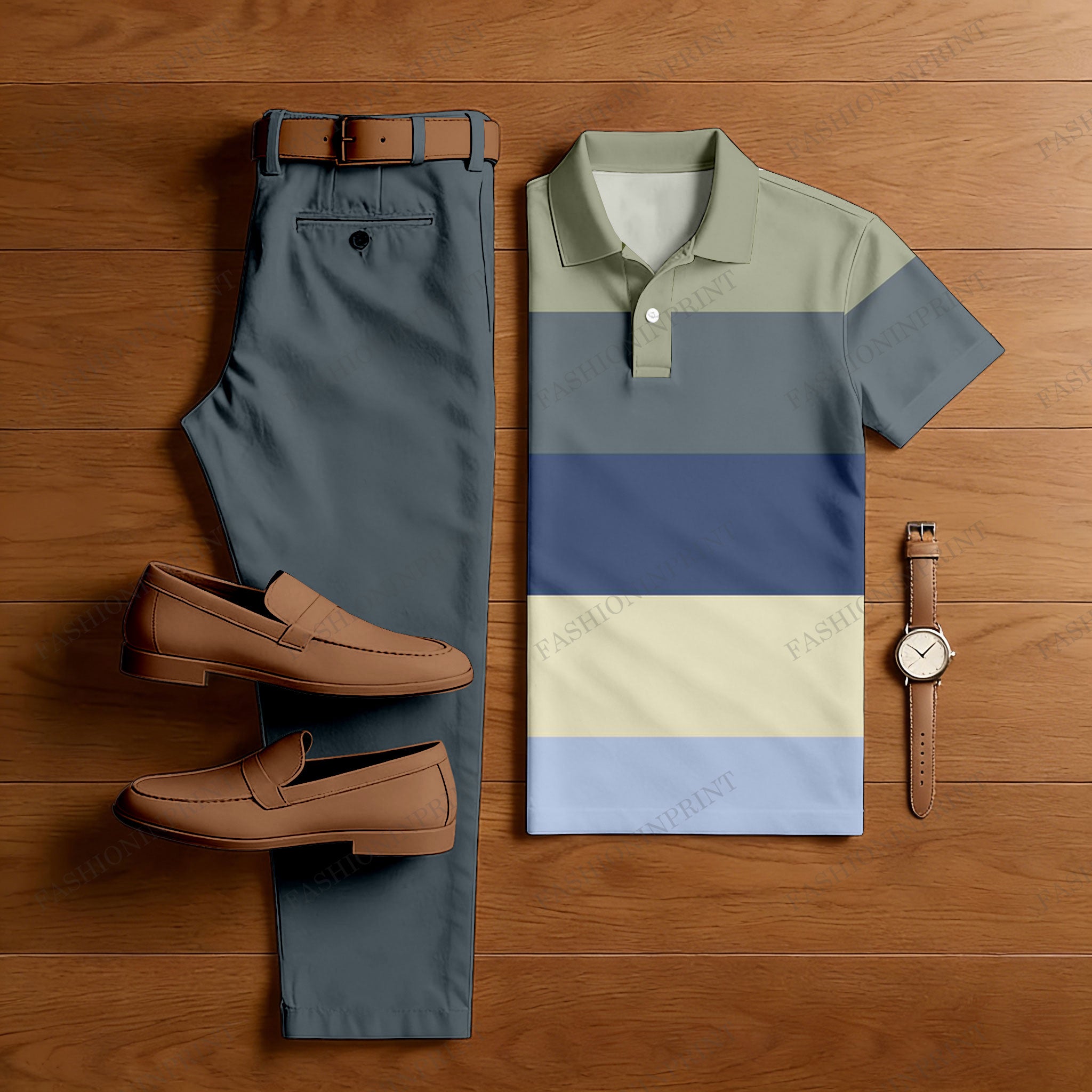 Men's Casual Khaki Gray Color Matching Striped Printed Short Sleeved Polo Shirt & Trousers Two-Piece Set