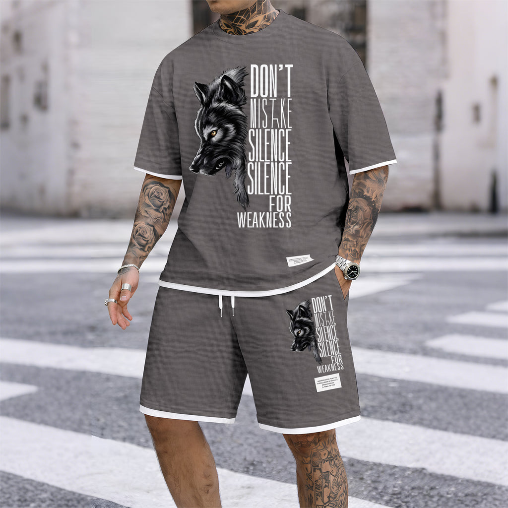 Men's Howling Wolf & "Don't Mistake Silence For Weakness" Quote Graphic Print Waffle Short Sleeve T-Shirt & Shorts Set, Summer Lightweight Casual Sporty Two-Piece Outfit