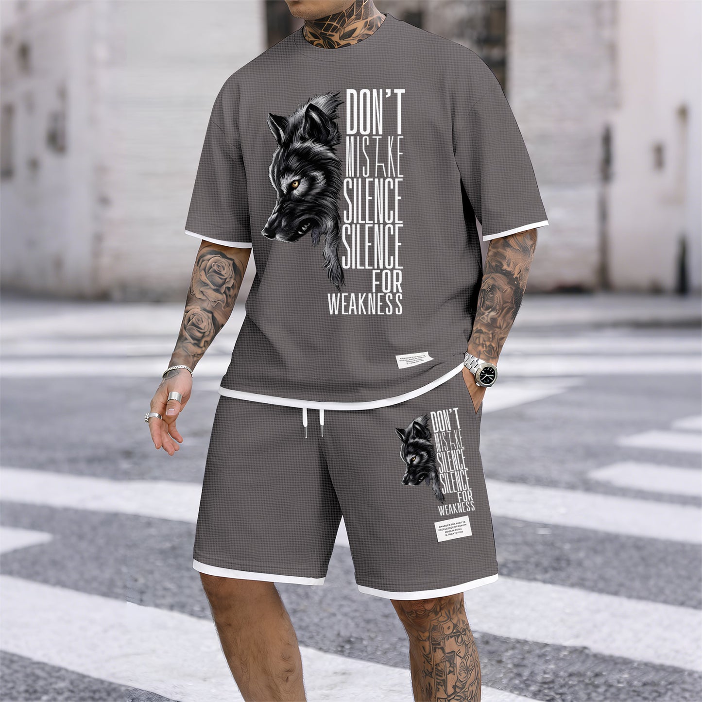 Men's Howling Wolf & "Don't Mistake Silence For Weakness" Quote Graphic Print Waffle Short Sleeve T-Shirt & Shorts Set, Summer Lightweight Casual Sporty Two-Piece Outfit