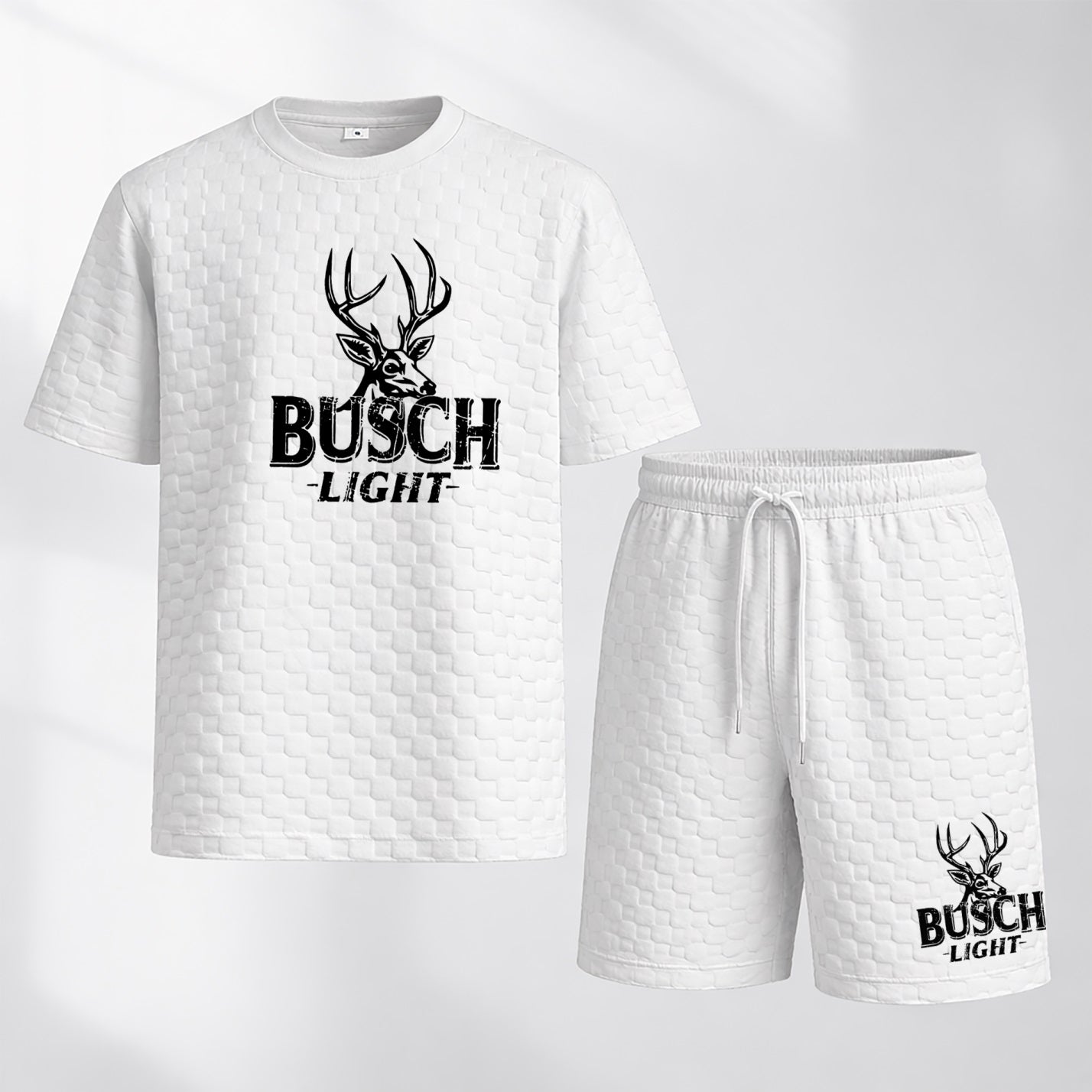 Men's Spring And Summer Light Beer Print With Red And Black Line Checkered Fabric Drawstring Shorts Set, Casual Summer Outfit With Short-Sleeved Shirt And Shorts, Ideal For Everyday Wear And Sports Activities