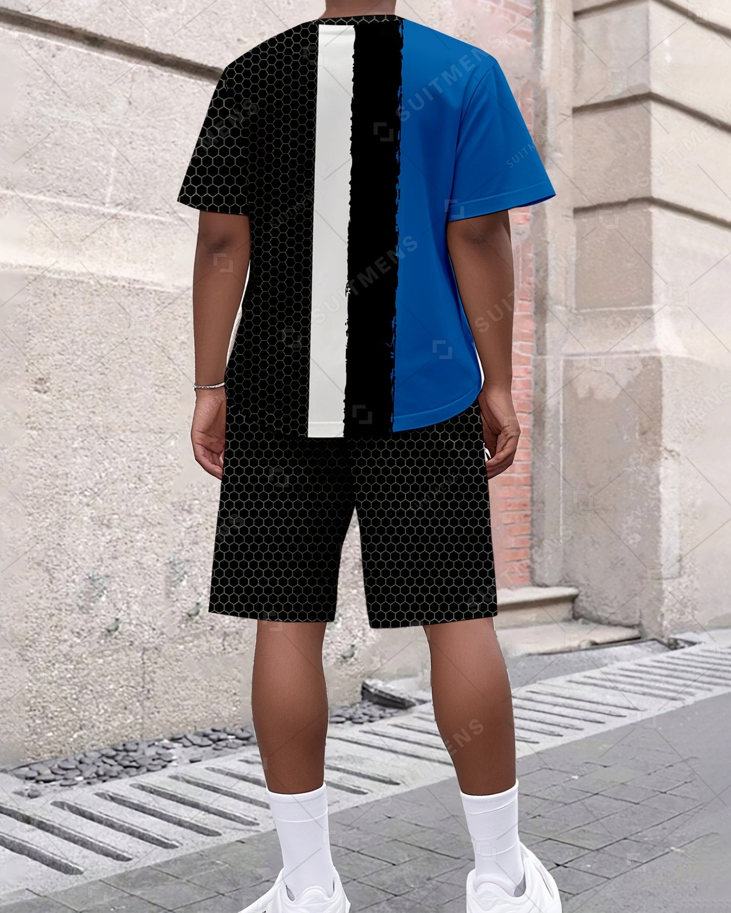 Men's Summer Colorblock Printed Round Neck Suit 038