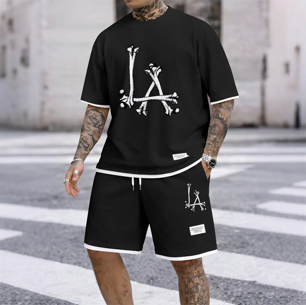 Men's Streetwear Skeleton Print Waffle Fabric Short-Sleeved Shirt And Shorts Set