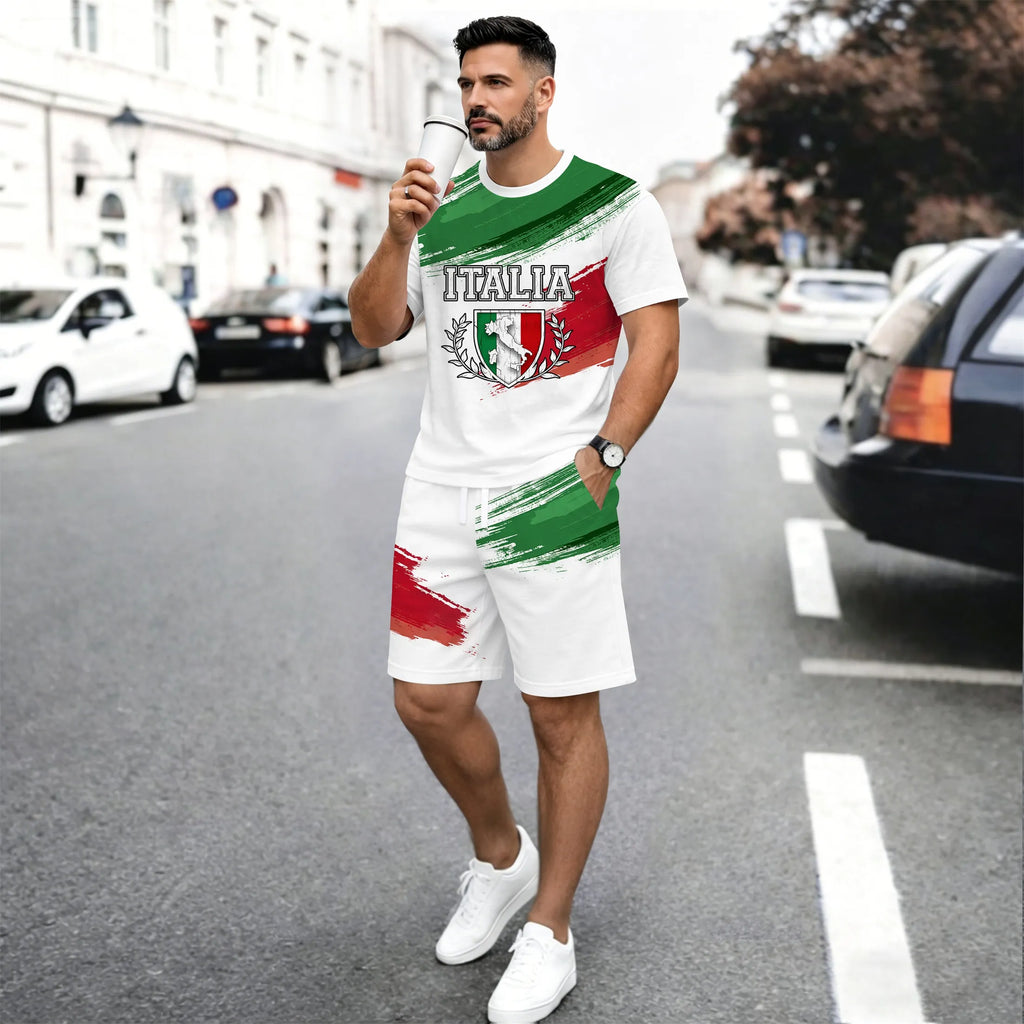 Men’s Italy Flag Graphic 2 Piece Shorts Set, Casual Short Sleeve T Shirt and Matching Drawstring Shorts Outfit, Lightweight Breathable Summer Tracksuit for Travel, Streetwear, Vacation, Daily Wear, Gym, and Outdoor Activities