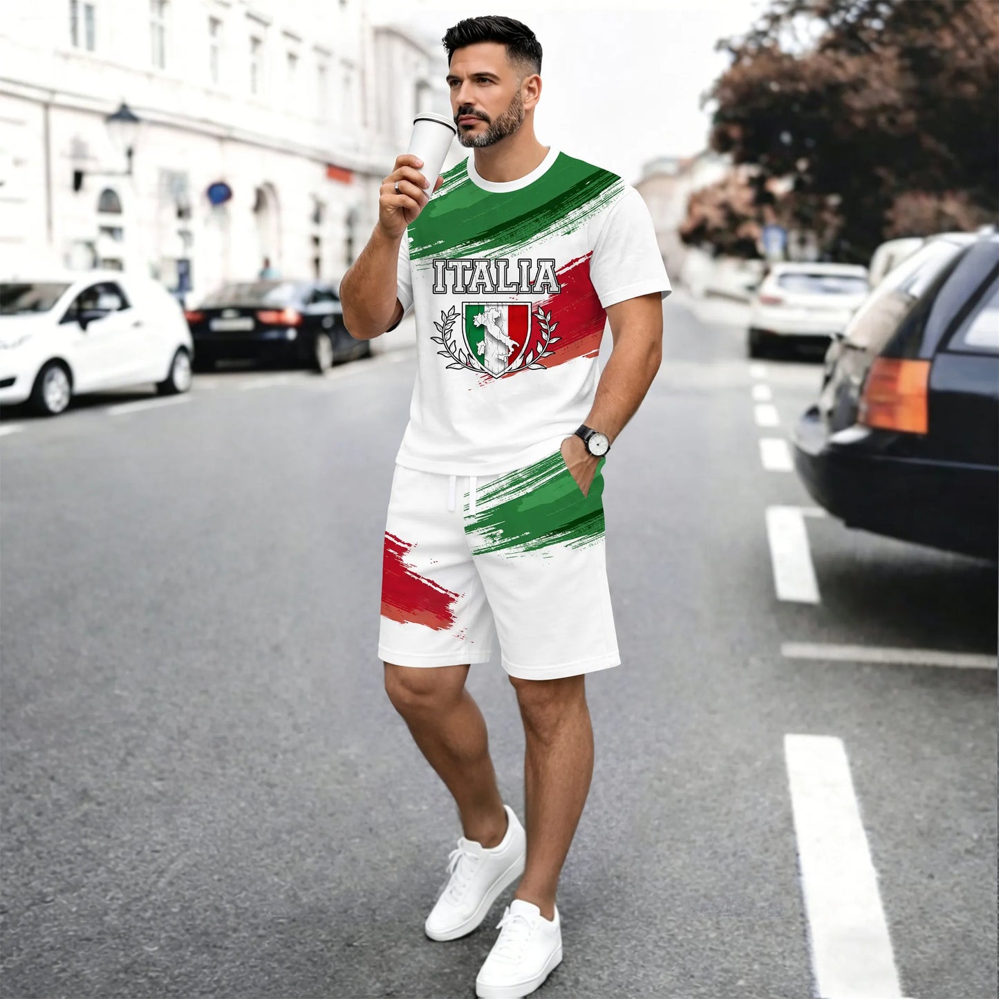 Men’s Italy Flag Graphic 2 Piece Shorts Set, Casual Short Sleeve T Shirt and Matching Drawstring Shorts Outfit, Lightweight Breathable Summer Tracksuit for Travel, Streetwear, Vacation, Daily Wear, Gym, and Outdoor Activities