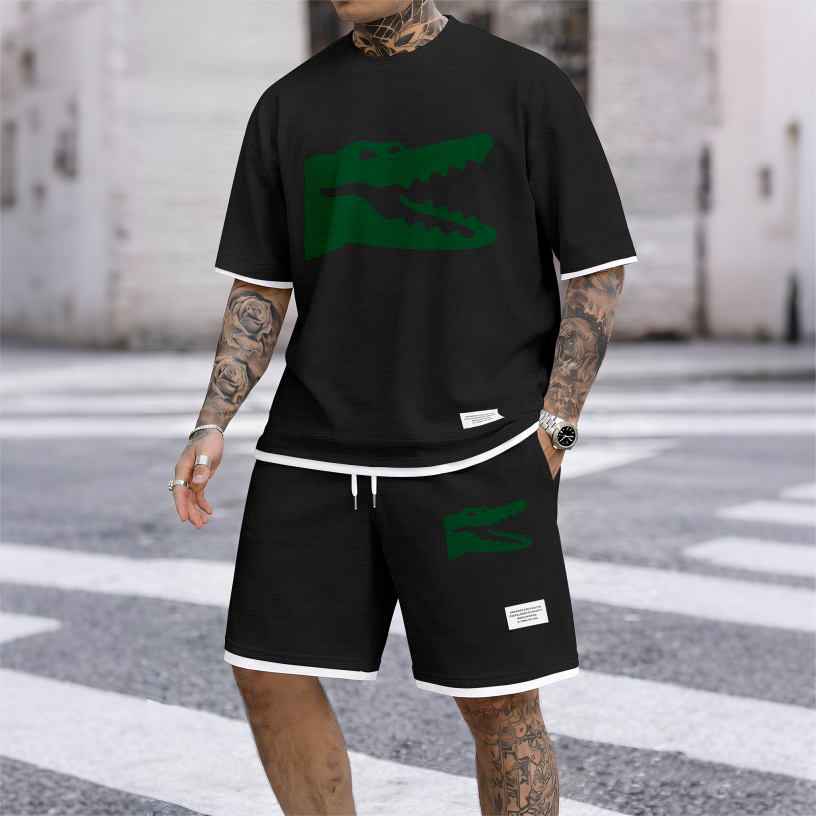 Men's Casual Style Crocodile Print Waffle Fabric Short-Sleeved Shirt And Shorts Set