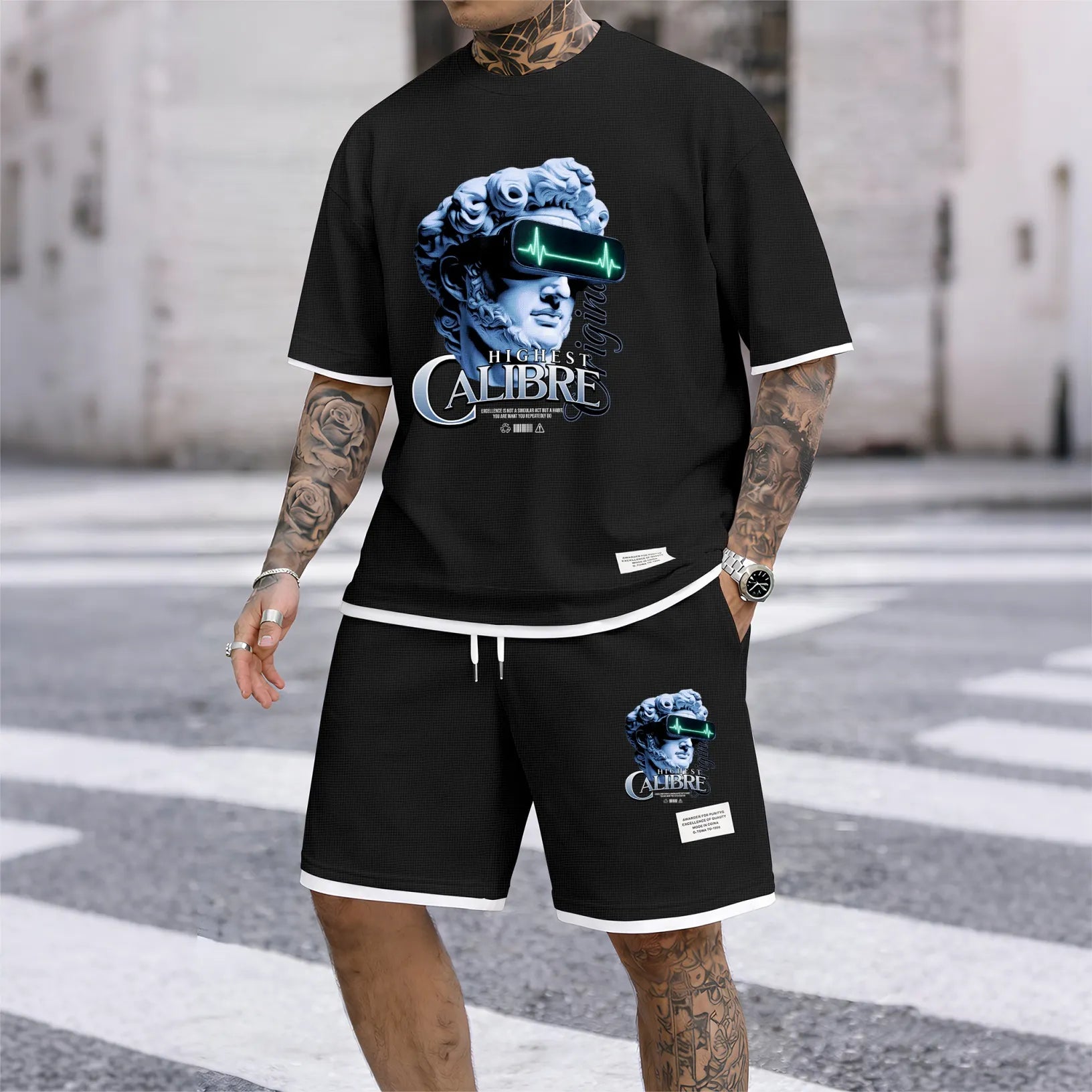 Men's Vintage Statue Graphic Print Short Sleeve Shirt and Drawstring Shorts Set, Casual Summer Two-Piece Outfit, Lightweight Breathable Relaxed Fit Sportswear for Daily Wear, Beach, Vacation, Travel, Loungewear