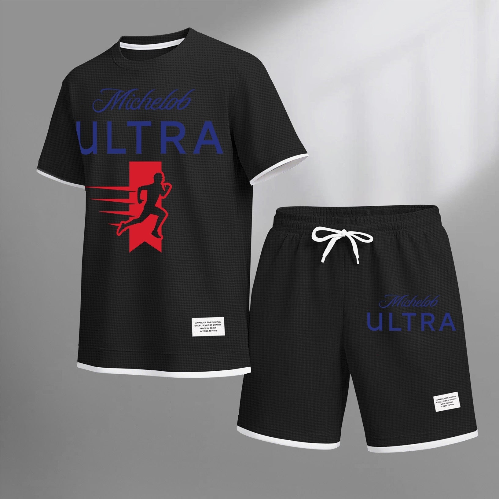 Men's vintage beverage print drawstring shorts set, suitable for spring and summer wear. This casual summer set includes a short-sleeved shirt and shorts, perfect for everyday wear and sports. Two-piece set design.