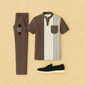 Men's Casual Brown Stripes Printed Short-Sleeve T-Shirt And Pants Two-Piece Set