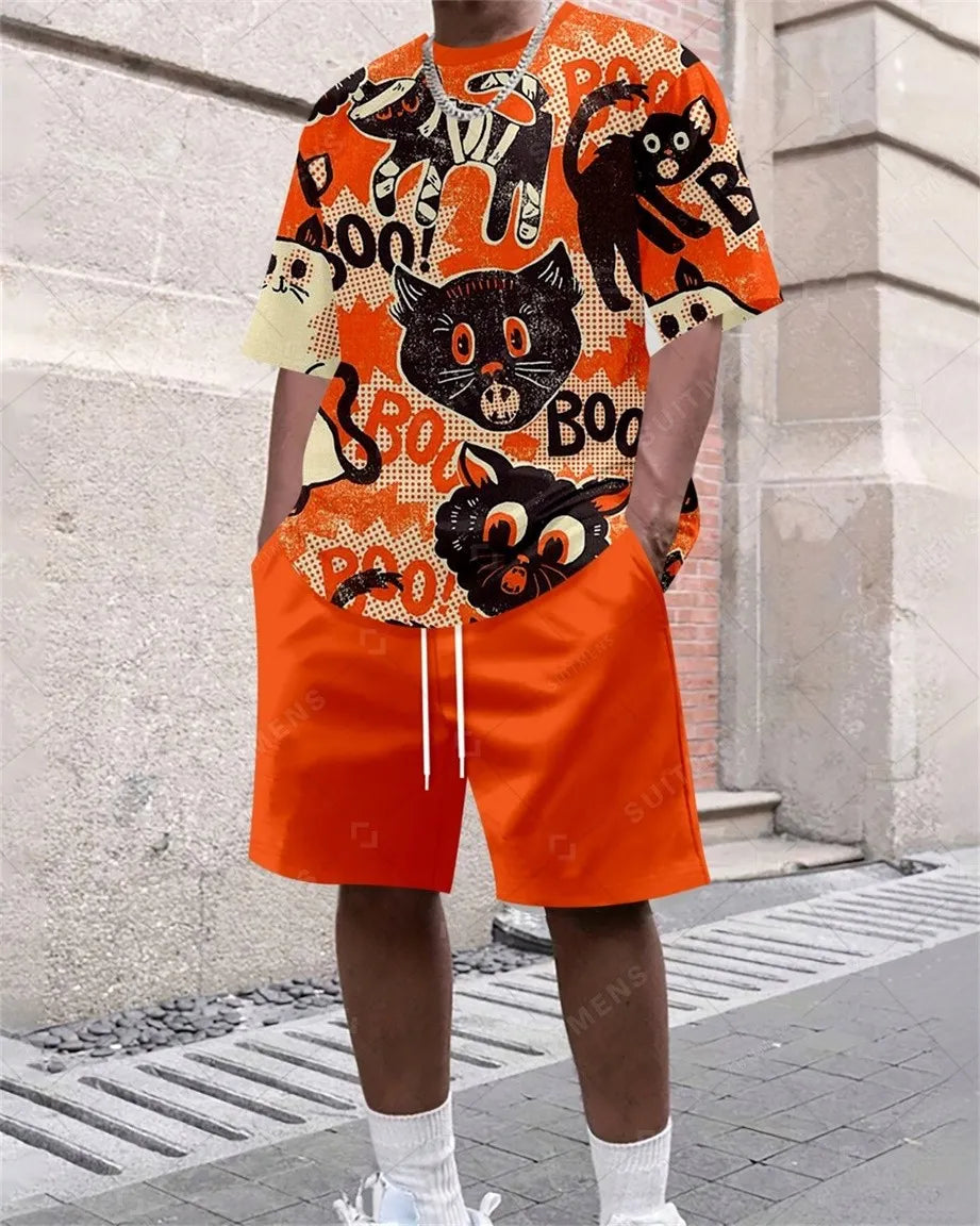Men's Summer Retro Printed Round Neck Set 820