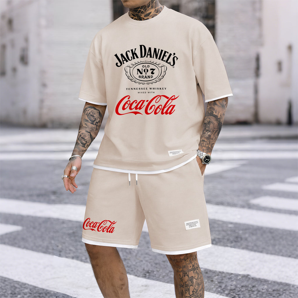 Men's Beer Print Drawstring Shorts Set, Suitable For Spring And Summer Wear, Casual Summer Set, Including Short-Sleeved Shirt And Shorts, Suitable For Everyday Wear And Sports 06