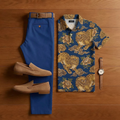Men's Casual Royal Blue Printed Short-Sleeved Shirt And Trousers Two-Piece Set 203538