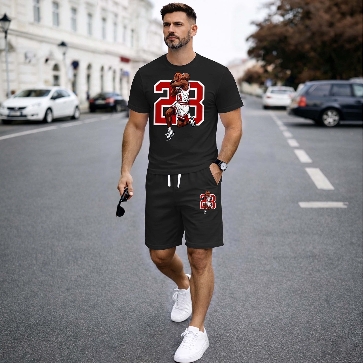 Men’s Summer 2 Piece Set, Basketball 23 Letter Print Short Sleeve T Shirt and Drawstring Shorts Matching Outfit, Lightweight Breathable Casual Set for Travel, Streetwear, Beach, Vacation, and Daily Wear