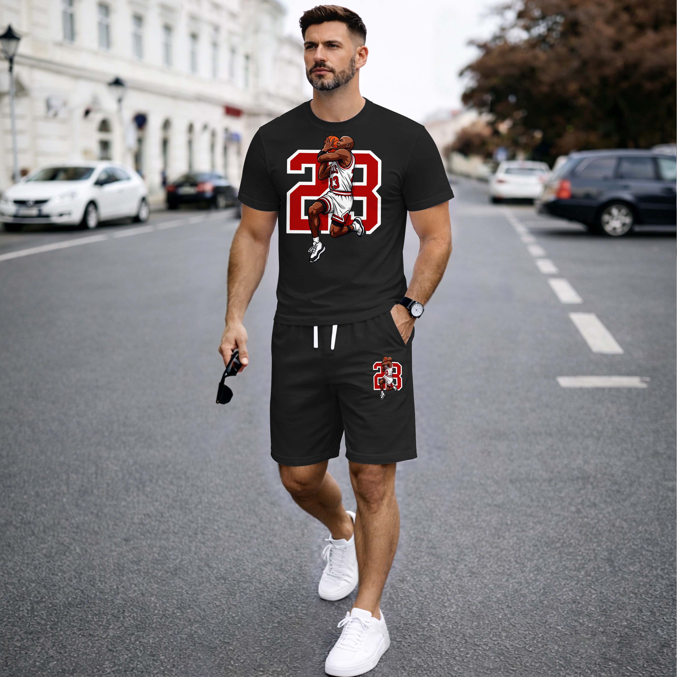 Men’s Summer 2 Piece Set, Basketball 23 Letter Print Short Sleeve T Shirt and Drawstring Shorts Matching Outfit, Lightweight Breathable Casual Set for Travel, Streetwear, Beach, Vacation, and Daily Wear