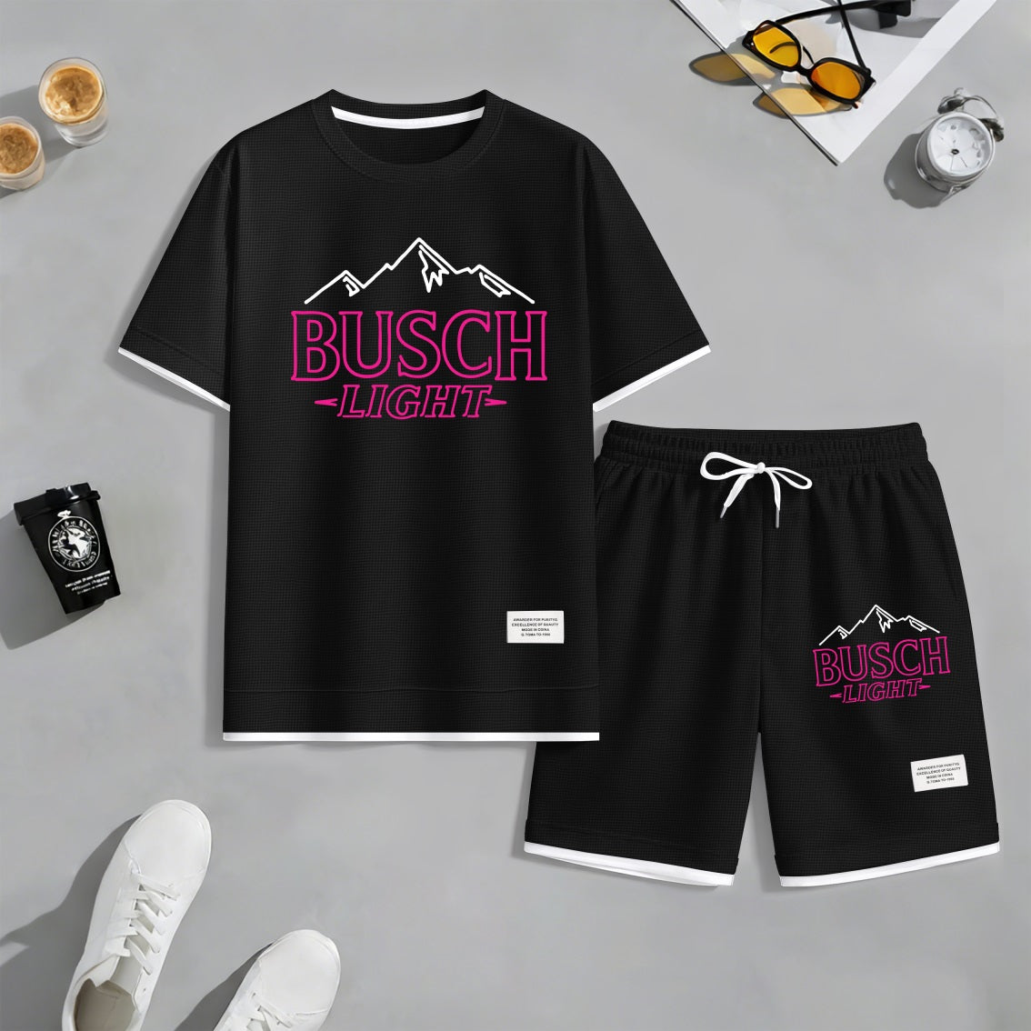 Men's Light-Flavored Beer Print Waffle Fabric Short-Sleeved Shirt And Shorts Set