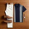 Men's Casual Black & White Stripes Printed Polo Shirt And Pants Two-Piece Set
