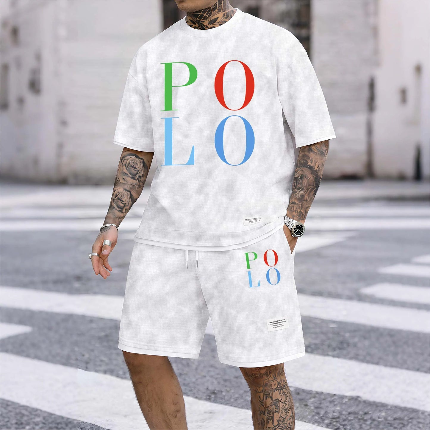 Men's Polo Print Drawstring Shorts Set For Spring/Summer. A Casual Summer Outfit, Including A Short-Sleeved Shirt And Shorts, Suitable For Everyday Wear And Sports. A Two-Piece Set For A Relaxed And Energetic Lifestyle.