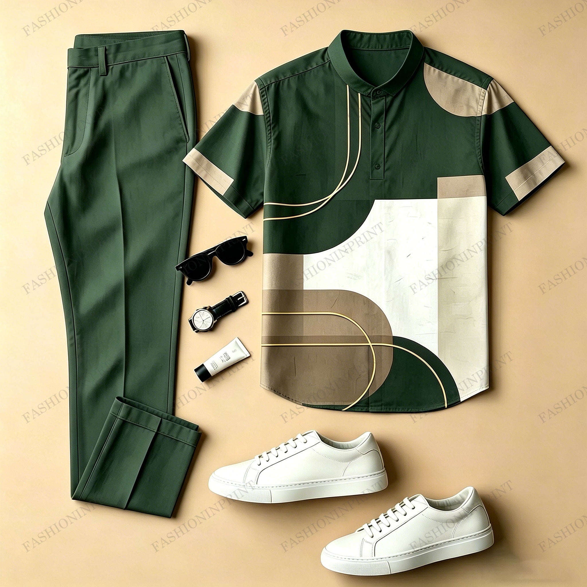 Men's Casual Dark Green & White Geometric Color-Blocked Printed Crew Neck Short-Sleeved Shirt And Trousers Two-Piece Set 205471