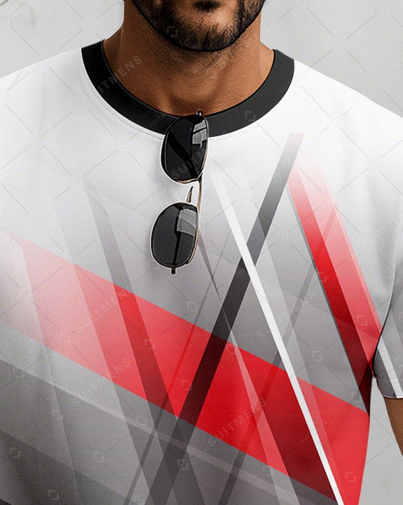 Men's Summer Colorblock Printed Round Neck Suit 081
