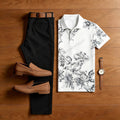 Men's Casual White Printed Polo Shirt And Pants Two-Piece Set