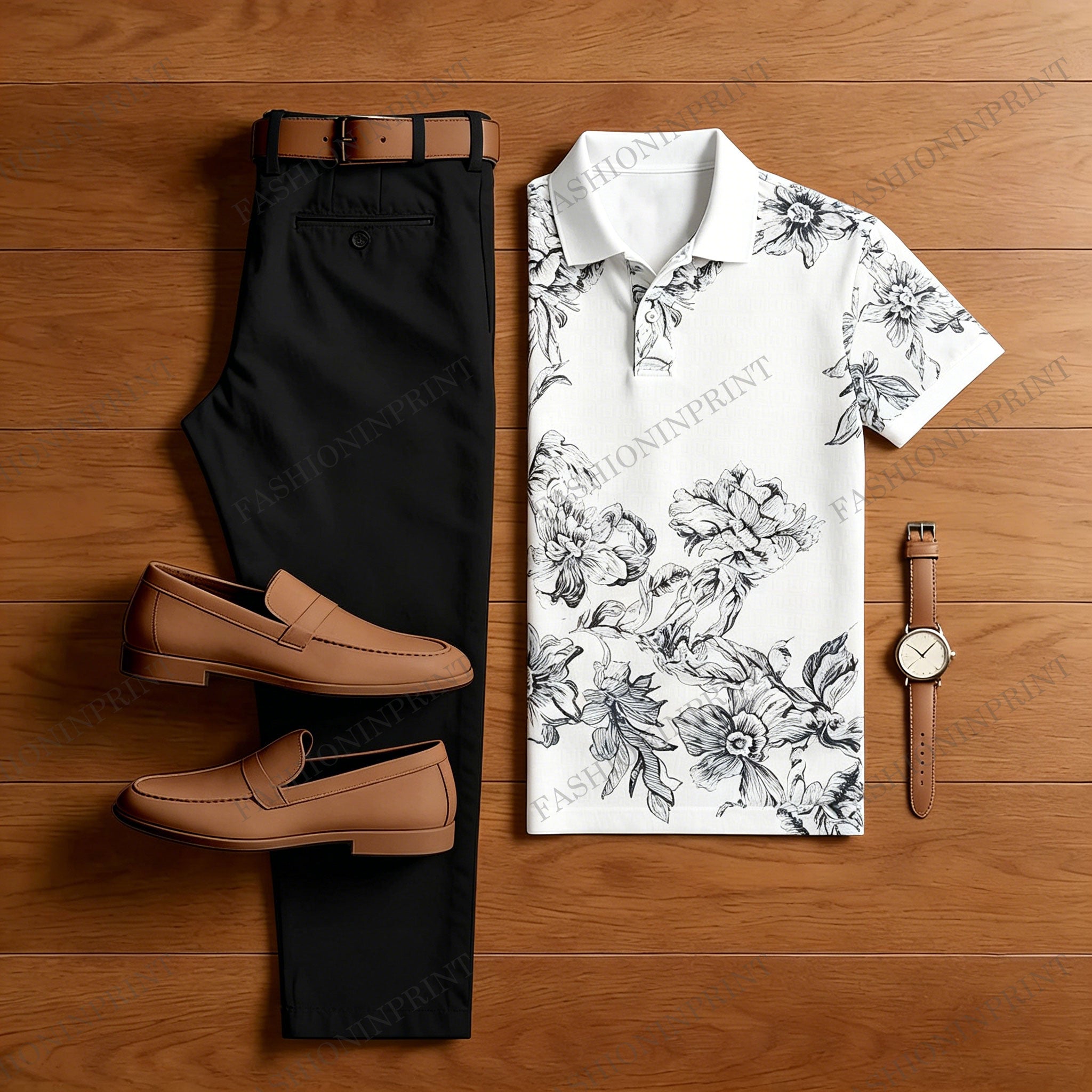 Men's Casual White Printed Polo Shirt And Pants Two-Piece Set