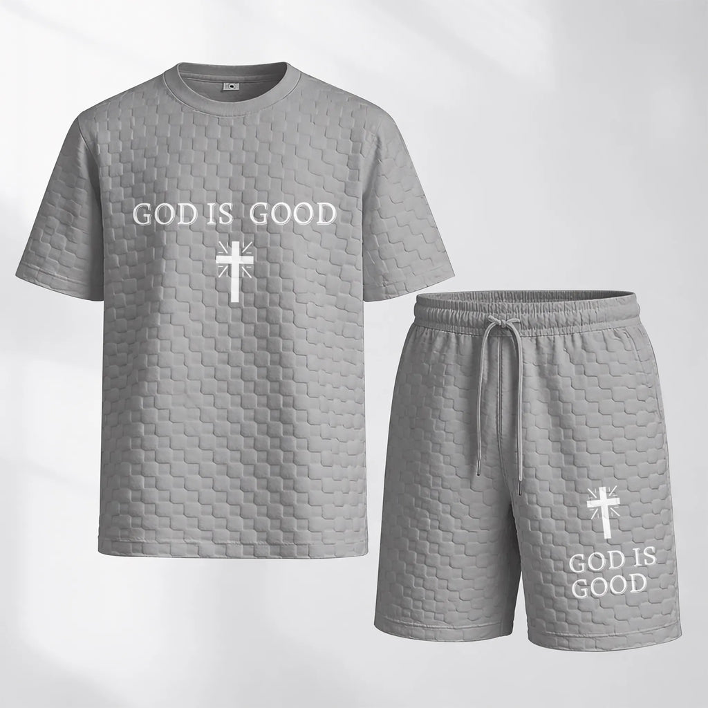 Men's Spring and Summer God is Good Letter Print Checkered Fabric Drawstring Shorts Set, Casual Summer Outfit with Short-Sleeved Shirt and Shorts, Ideal for Everyday Wear and Sports Activities