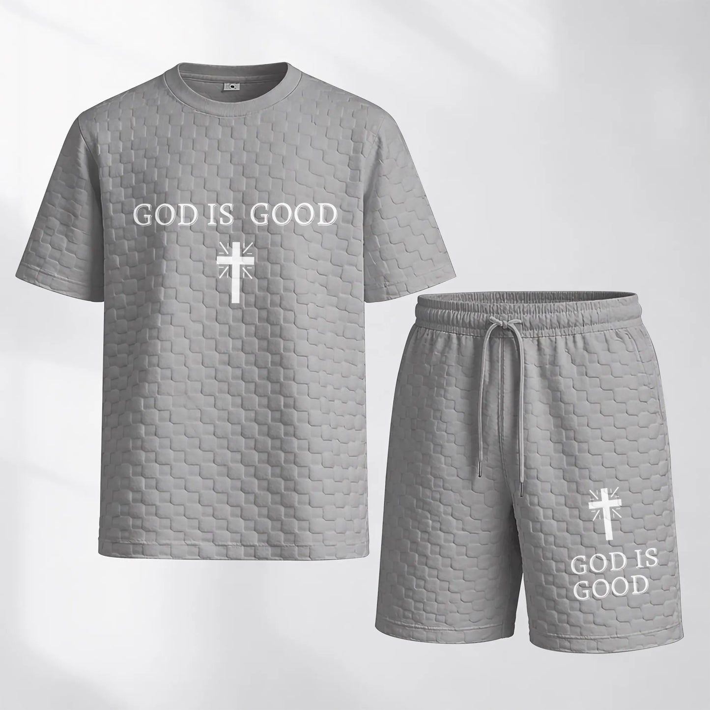 Men's Spring and Summer God is Good Letter Print Checkered Fabric Drawstring Shorts Set, Casual Summer Outfit with Short-Sleeved Shirt and Shorts, Ideal for Everyday Wear and Sports Activities