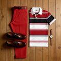 Men's Casual Red & White & Black Color Matching Striped Printed Short Sleeved Polo Shirt & Trousers Two-Piece Set