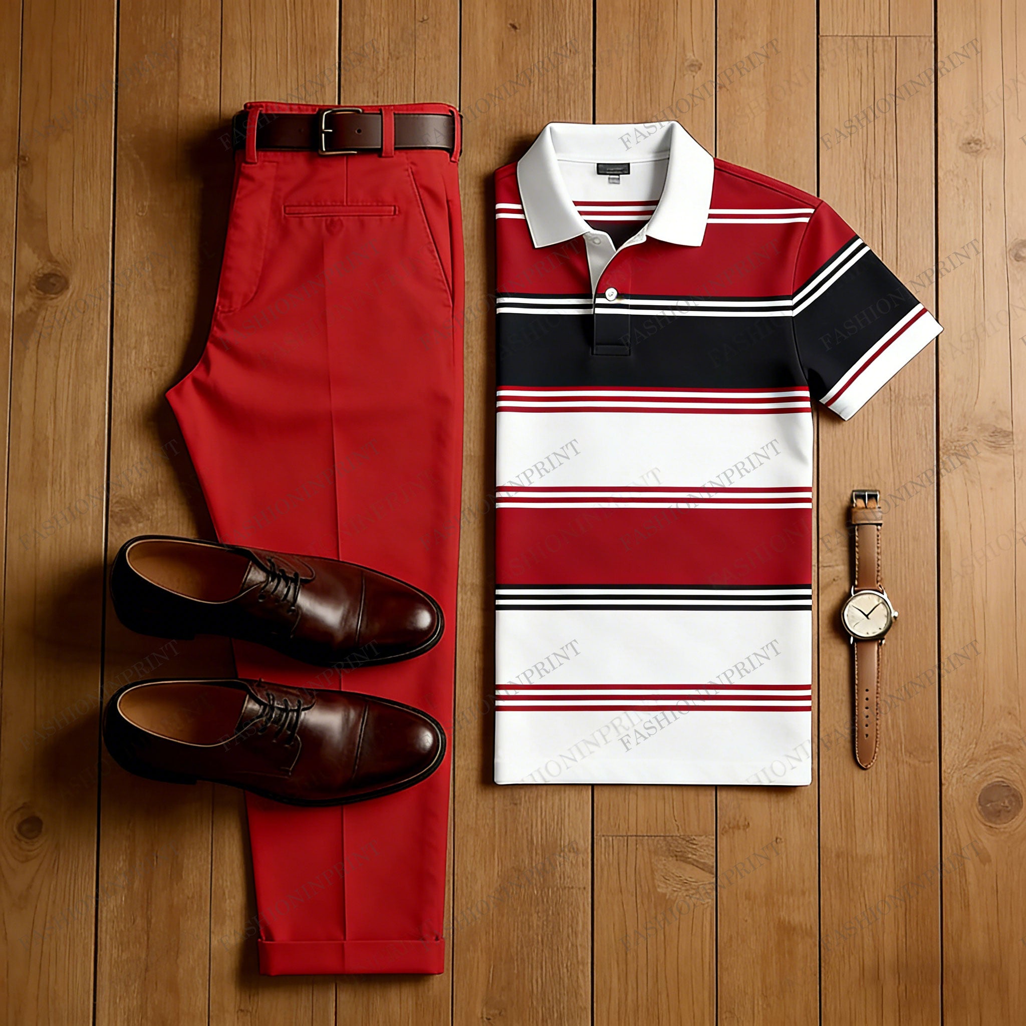 Men's Casual Red & White & Black Color Matching Striped Printed Short Sleeved Polo Shirt & Trousers Two-Piece Set