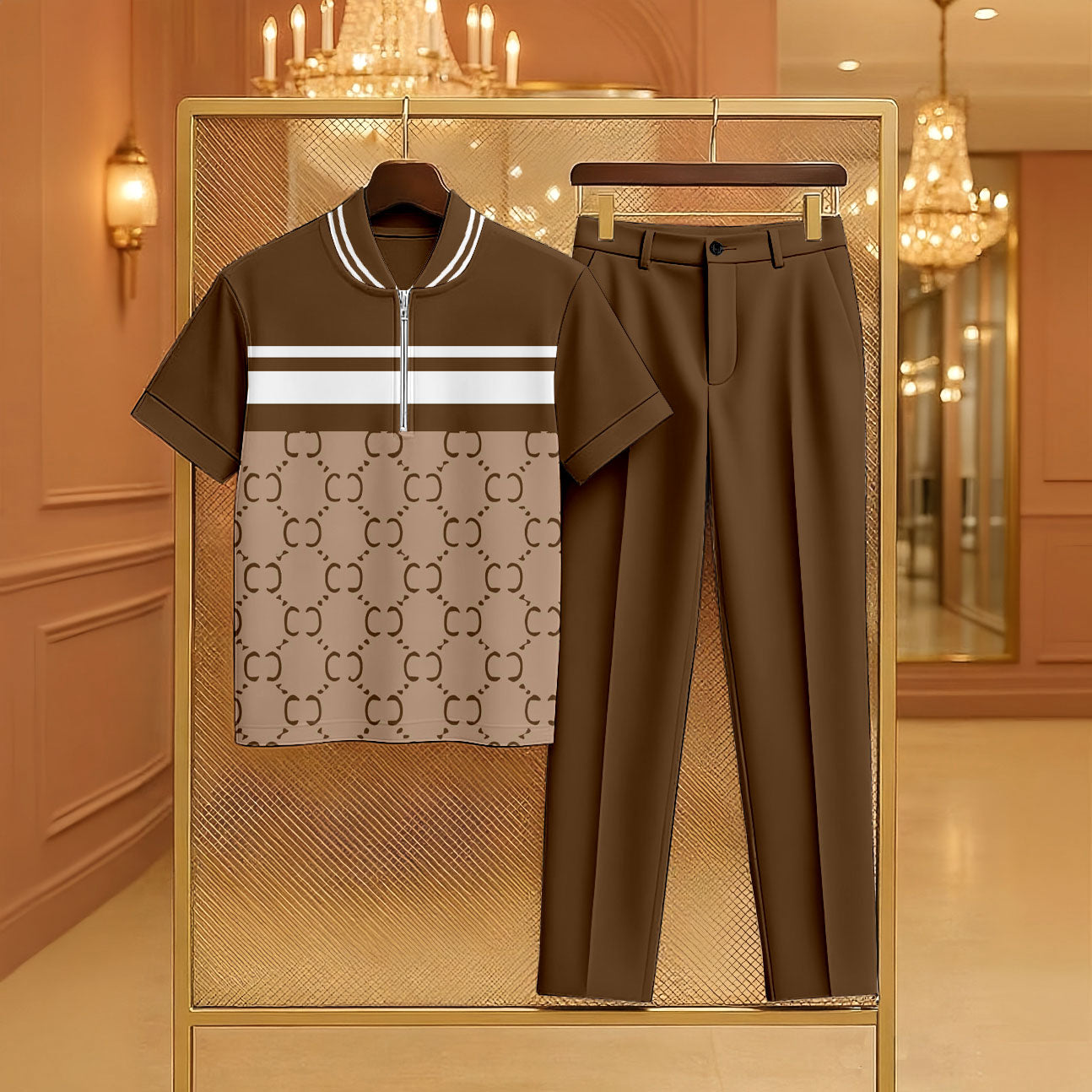 Men's Casual Coffee & Khaki Color Matching Vintage Printed Zipper Short Sleeved Polo Shirt & Trousers Two-Piece Set